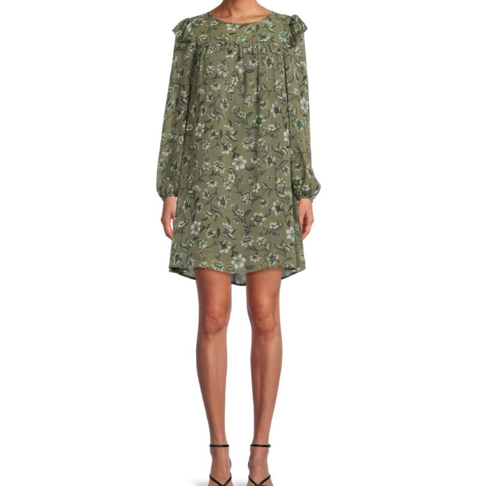Floral Green Long-Sleeve Dress By Time And Tru M Size Made Of Polyester For Wome